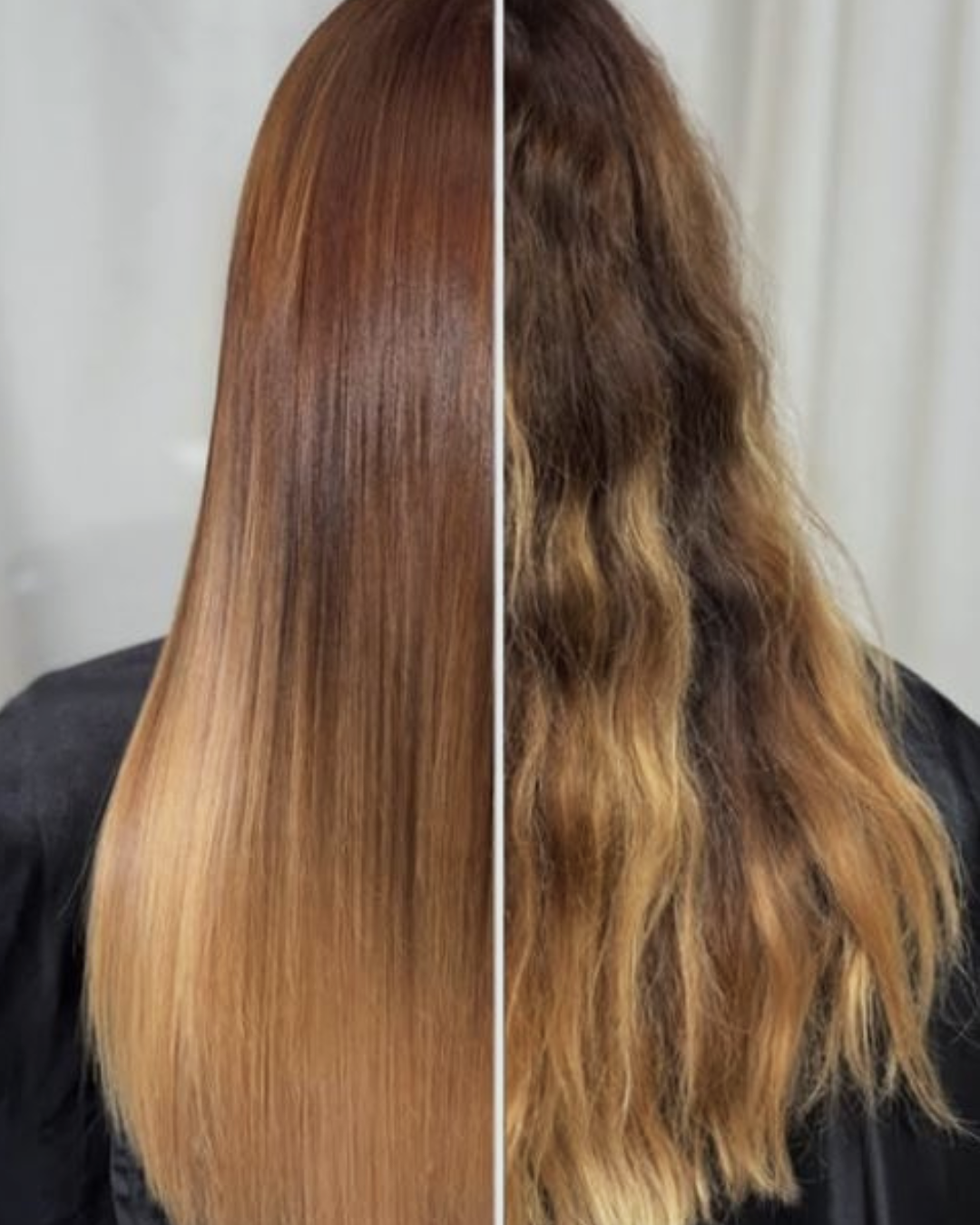 före och efter en keratinbehandling på hår